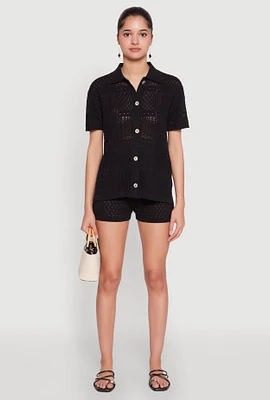 Womens Pointelle Crochet Drawstring Shorts, Black, Size XL