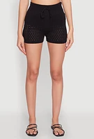 Womens Pointelle Crochet Drawstring Shorts, Black, Size XL