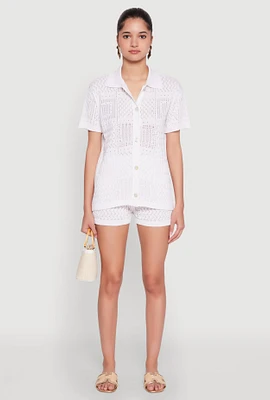 Womens Pointelle Crochet Drawstring Shorts, White, Size L
