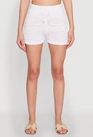 Womens Pointelle Crochet Drawstring Shorts, White, Size L