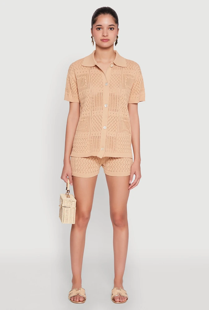Womens Pointelle Crochet Drawstring Shorts,