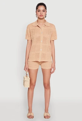 Womens Pointelle Crochet Drawstring Shorts,