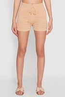 Womens Pointelle Crochet Drawstring Shorts,
