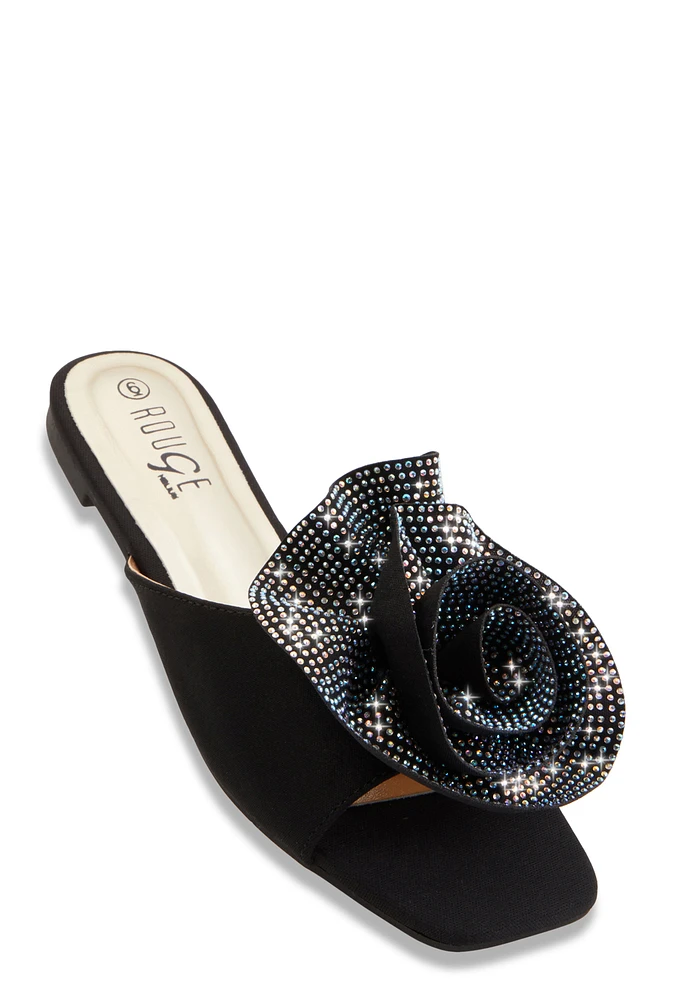 Womens Rhinestone Rose Band Slide Sandals, Black, Size 6