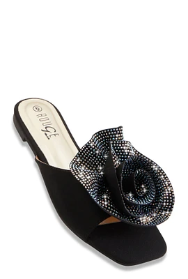 Womens Rhinestone Rose Band Slide Sandals, Black, Size 6