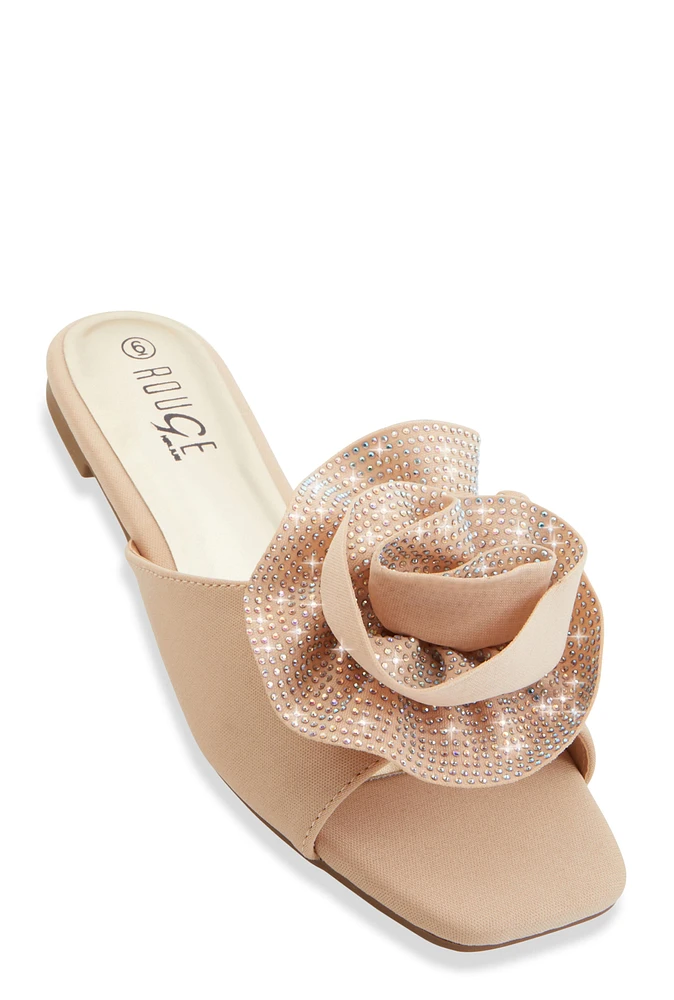 Womens Rhinestone Rose Band Slide Sandals, Beige,