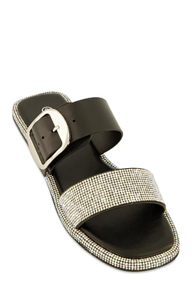 Womens Rhinestone Buckle Band Slide Sandals,