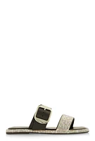 Womens Rhinestone Buckle Band Slide Sandals, Black, Size 9