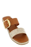 Womens Rhinestone Buckle Band Slide Sandals, Brown,