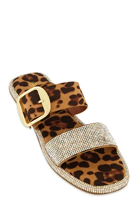 Womens Rhinestone Buckle Band Slide Sandals, Brown,