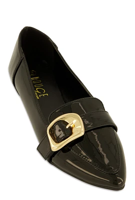 Womens Metallic Buckle Pointed Toe Flats, Black,