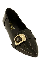 Womens Metallic Buckle Pointed Toe Flats, Black,