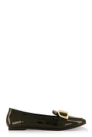 Womens Metallic Buckle Pointed Toe Flats, Black,
