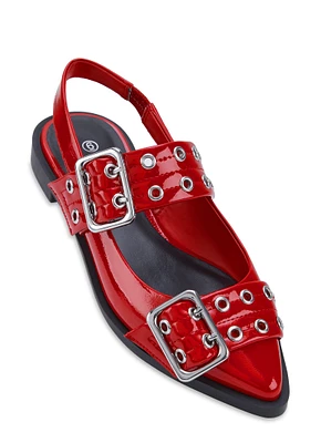 Womens Pointed Toe Double Buckle Slingback Flats, Red, Size 6.5