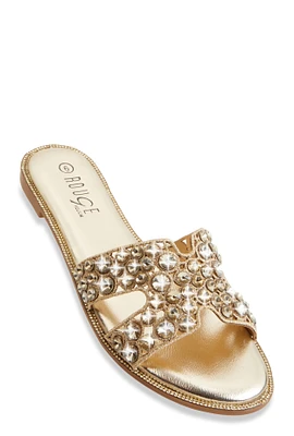 Womens Studded Rhinestone Cut Out Band Slide Sandals, Gold, Size 11