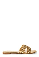Womens Studded Rhinestone Cut Out Band Slide Sandals, Gold, Size 11