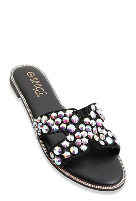 Womens Studded Rhinestone Cut Out Band Slide Sandals,