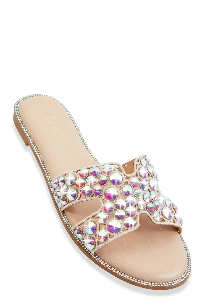 Womens Studded Rhinestone Cut Out Band Slide Sandals