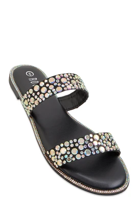 Womens Rhinestone Double Band Slide Sandals, Black, Size 9