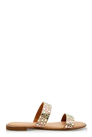 Womens Rhinestone Double Band Slide Sandals, Beige, Size 10