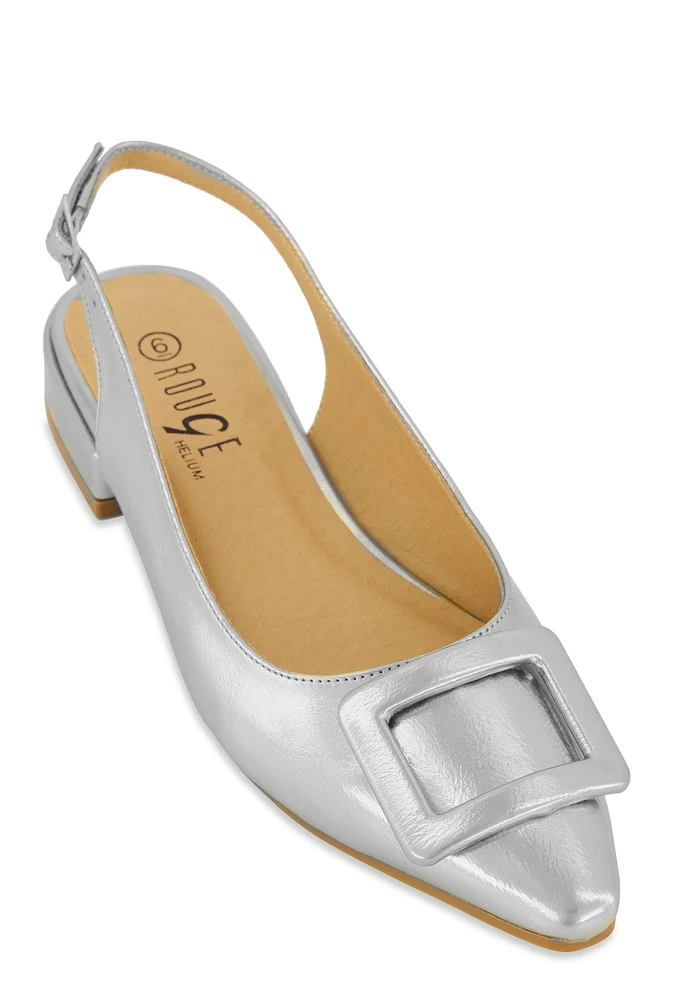 Womens Buckle Strap Low Heel Pumps, Silver,