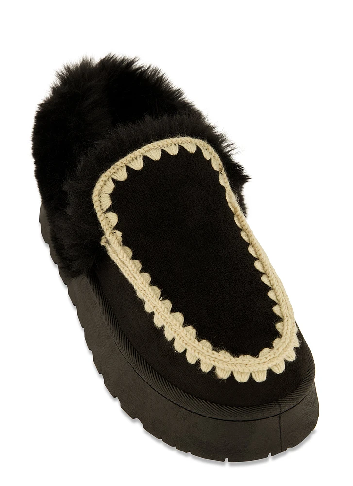 Womens Faux Fur Lined Embroidered Moccasin Slippers, Black, Size 9