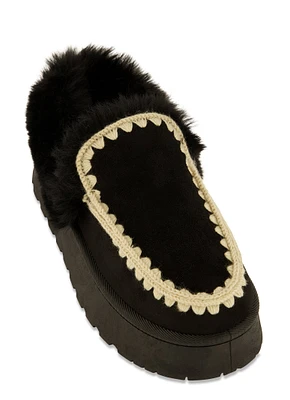 Womens Faux Fur Lined Embroidered Moccasin Slippers, Black, Size 9