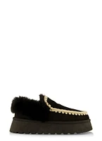 Womens Faux Fur Lined Embroidered Moccasin Slippers, Black, Size 9
