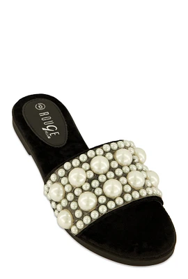 Womens Velvet Faux Pearl Band Slide Sandals,