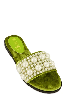 Womens Velvet Faux Pearl Band Slide Sandals,