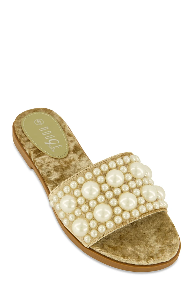 Womens Velvet Faux Pearl Band Slide Sandals, Beige,