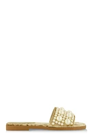 Womens Velvet Faux Pearl Band Slide Sandals, Beige,