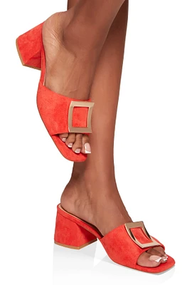 Womens Square Pendant Open Toe Block Heel Mules,