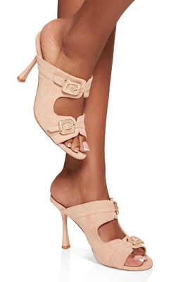 Womens Double Rhinestone Buckle High Heel Mules,