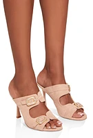 Womens Double Rhinestone Buckle High Heel Mules,