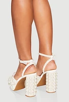 Womens Faux Pearl Embellished Platform Block Heel Sandals, White, Size 7.5