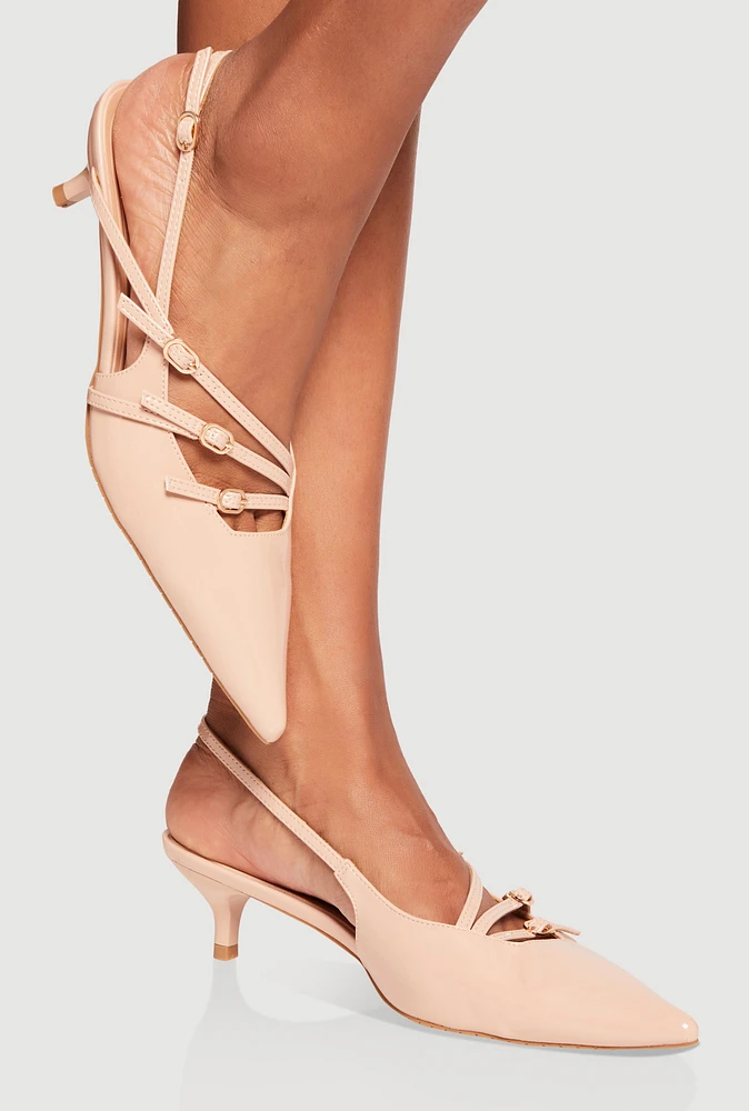 Womens Strappy Buckle Slingback Kitten Heels,