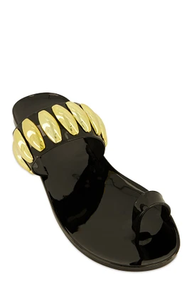 Womens Studded Band Toe Loop Jelly Sandals, Black, Size 7