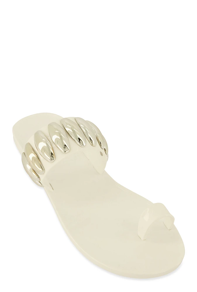 Womens Studded Band Toe Loop Jelly Sandals, White,