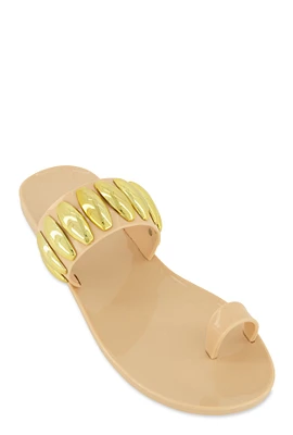 Womens Studded Band Toe Loop Jelly Sandals, Beige, Size 9