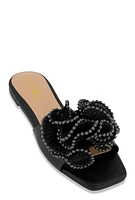 Womens Plisse Beaded Trim Band Slide Sandals, Black, Size 6