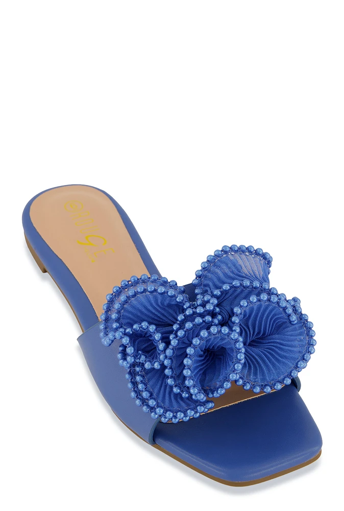 Womens Plisse Beaded Trim Band Slide Sandals,