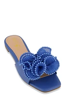 Womens Plisse Beaded Trim Band Slide Sandals,