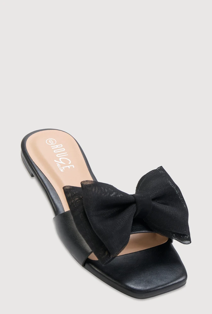 Womens Organza Double Bow Band Slide Sandals,