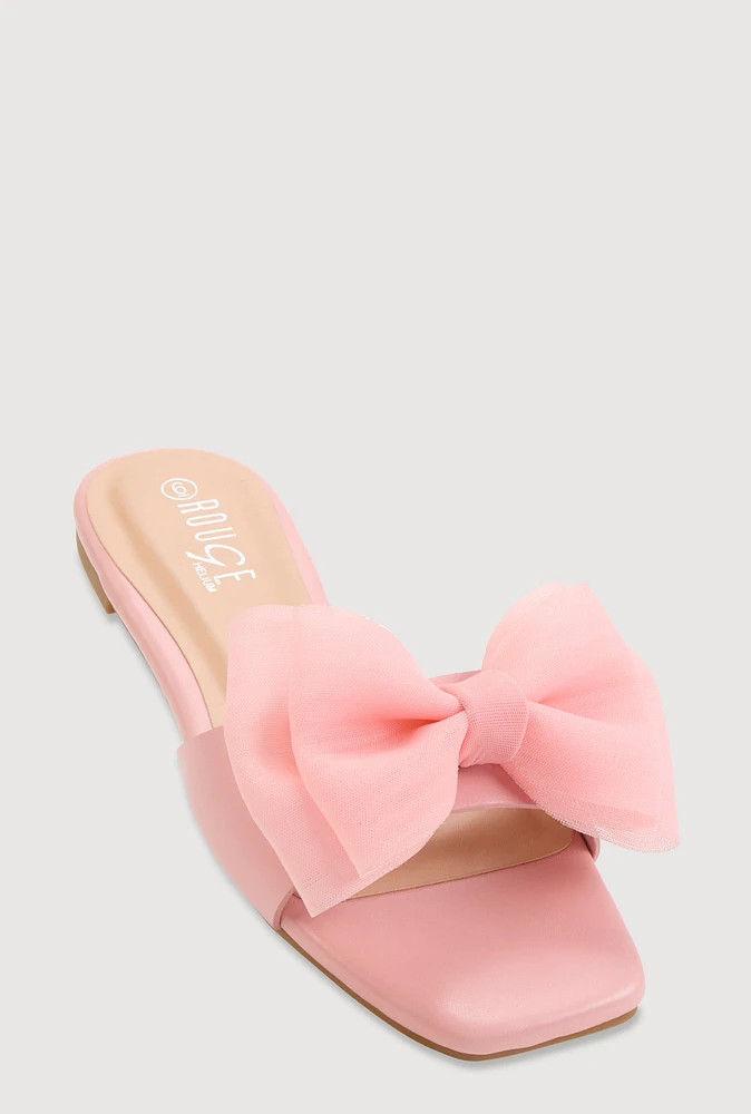 Womens Organza Double Bow Band Slide Sandals, Pink, Size 7