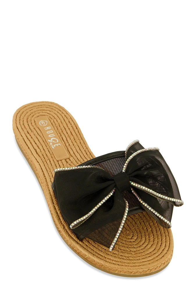 Womens Rhinestone Trim Bow Slide Sandals, Black, Size 10