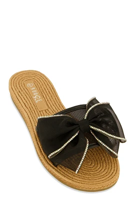 Womens Rhinestone Trim Bow Slide Sandals, Black,