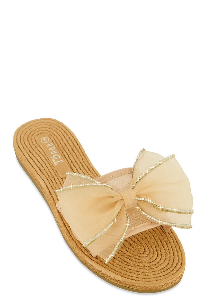 Womens Rhinestone Trim Bow Slide Sandals,