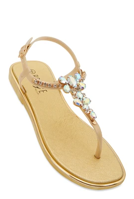 Womens Ankle Strap Gemstone Thong Sandals, Gold, Size 11