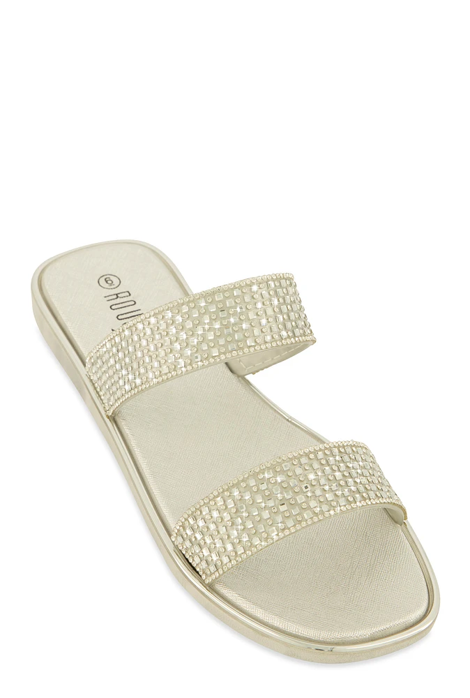 Womens Double Band Rhinestone Slide Sandals, Silver, Size 12